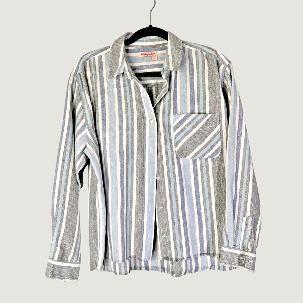 Fresh Produce Shirt Womens SM Blue Striped Button Down Frayed Hem Cotton Linen